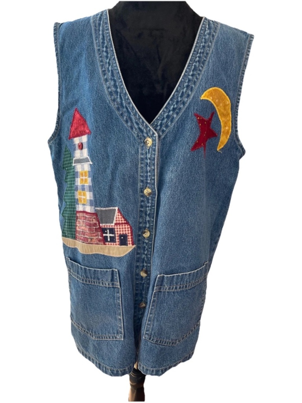 Haik’s vintage 1990s denim appliqué ladies vest size large‎ folk art 100% cotton
